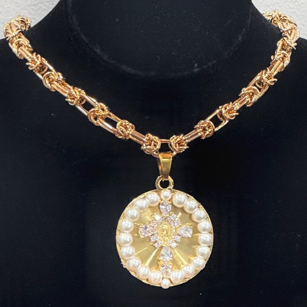 Link chain necklace Gold plated with large cross Medallion pendant Handmade